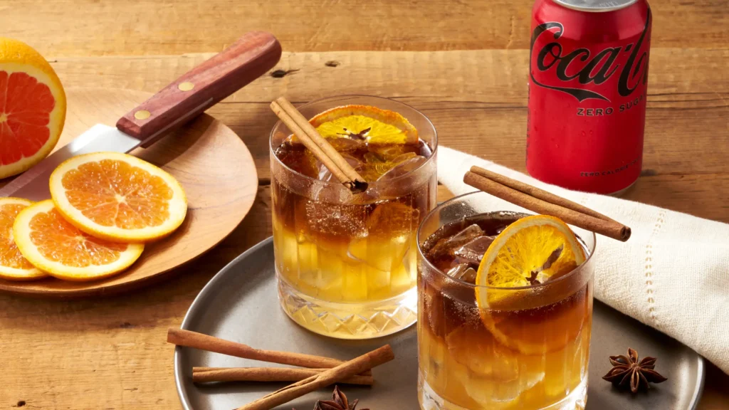 An image of a Maple Bourbon Smash with orange slices on a plate and a Coca-Cola Zero Sugar can next to the glasses.